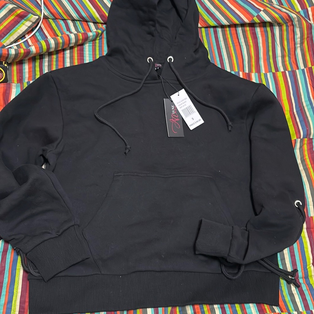 Allure luxe size, small black hoodie with detail on arms kangaroo pocket